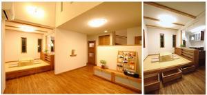 温かな質感と耐久性に優れた飴色に輝くチーク無垢床。壁は調湿・脱臭効果のある珪藻土塗り。体が喜ぶ室内です。また、畳敷きのダイニングは段あがりにし、引き出し式の収納をつけました。