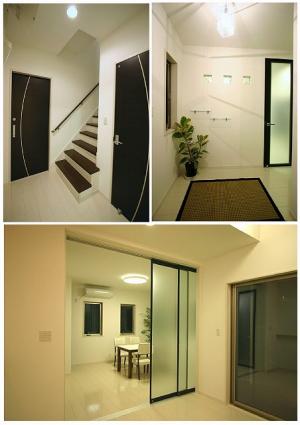 白い床と黒いドアでコーディネートしたメリハリのある室内。差し色が映えるため、インテリアでお部屋の雰囲気を変えて楽しめます。また、家族の気配が感じられる間取りです。