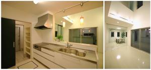 開放感たっぷりのダイニング。吹抜けをスクリーンパーティションで仕切ることもできます。玄関とキッチンをつなぐ土間収納は荷物を出し入れしやすく、抜群の使い勝手です。