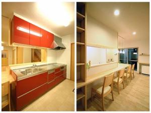 キッチンと一体になったダイニングテーブル。お料理が楽々運べ、みんなでお手伝いするにも十分なスペース。家族で過ごす時間が自然と長くなるダイニングキッチンです。