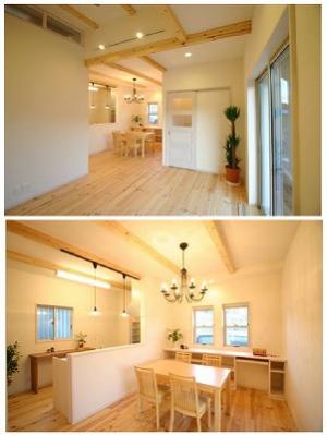 パイン無垢床、表情豊かなコテ模様の塗り壁、ワッフルガラスが愛らしい無垢ドア。住む人に優しい天然素材をふんだんに使用しました。蓄熱式床下暖房が冬場の室内をじんわり暖めてくれます。深夜電力を利用するので環境にも家計にもとってもエコです。