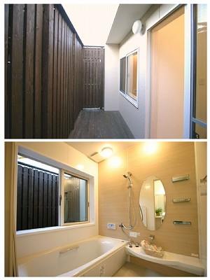 お風呂上がりにのんびりできるバスコート。日常生活の中で極上のバスタイムが味わえます。