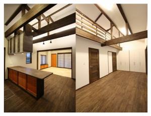 ダイナミックに梁がはしる室内。勾配天井のダイニング。子供室には隠れ家のようなロフトがあります。