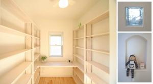 本棚・カウンターを造りつけたこだわりの書斎。空間のワンポイントのニッチやガラスブロックは可愛らしさをプラスしてくれます。