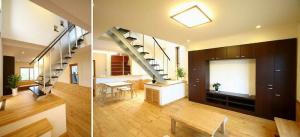 １Ｆはナチュラルな空間。無垢フロアー、天然素材の塗壁をたっぷり使用しました。住まいの真ん中にあるアルミ階段はオシャレなアクセントに。