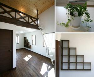 ロフトのある子ども室。季節のものなど飾って楽しめる飾り棚を造りつけました。２Ｆの床には優美な光沢と上品な木目のチークを使用しました。