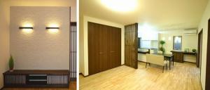 床材にはラバーウッド無垢床を使用。ＴＶボードの壁一面には、調湿・脱臭効果のあるエコカラットを使用しました。