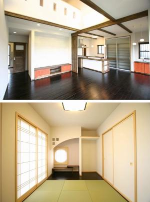 広々ＬＤＫ。床材には木目の優しいチェリーフロアを使用しました。丸窓から暖かな陽ざしが差し込む、寛ぎの和の空間。