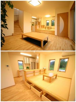 滑らかな肌触りのラバーウッド無垢フロアー。掘り炬燵のあるリビングに小上がりのダイニングスペースと、ゆっくり寛げる家族お気に入りの空間。