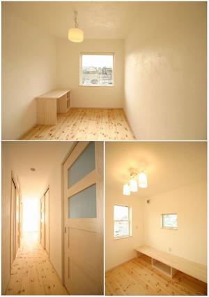 ２Ｆ子供室とファミリースペース。
造作カウンターだからお好みのサイズで造り付けられます。
床・建具共に温もりたっぷりの無垢材です。