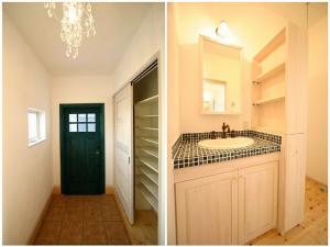 お気に入りの照明と彩りを添える木製ドアがお客様を温かく迎える玄関。
可愛らしさだけでなく、収納スペースもたっぷり確保した造作洗面台。