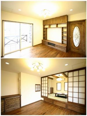 アンティーク調の風合いを持つチェスナットを採用したリビング。
調湿・消臭機能に加え、多孔質素材のため、断熱・保温効果に優れた珪藻土塗り壁材を採用。
リビングの扉付き収納の中に蓄熱暖房機を設置。