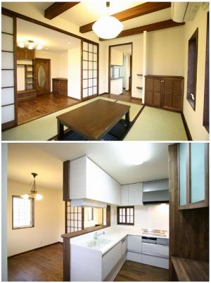 ほっこり和める掘りごたつ式畳スペース。
乱雑になりがちなキッチン廻りには造作食器棚を設け、使い勝手のよいL型キッチンが完成。