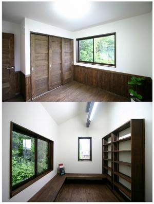 家族みんなの書斎スペース。
羽目板を貼り、木のぬくもりたっぷりの子供室。
想い想いの時間を過ごせるプライベートスペースの完成です。