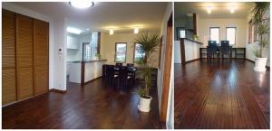 上質な素材感が感じられる『アカシア無垢フロアー』。表面を削り、波型に仕上げることによって、足の疲れを軽減する効果があるというハンドスクラップ仕上げです。