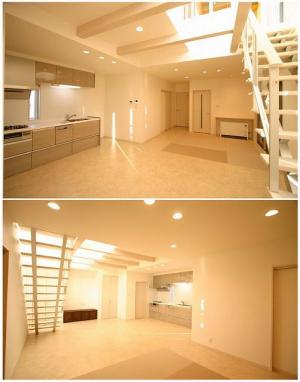 白を基調としたスタイリッシュなＬＤＫ。床は傷や汚れが付きにくく、清潔感漂うタイル貼り。