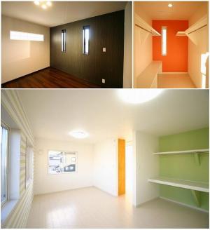 落ち着いたブラウン色でコーディネートした寝室。クローゼットもお洒落な仕上がりに。カラフルな色使いで遊び心溢れる子供室。