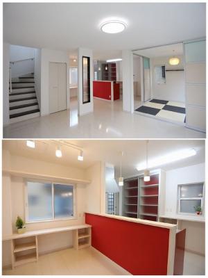 傷が付きにくく、ワックスがけのいらない硬質耐水フロア採用。
ダイニングスペースには、調べものやお子様が宿題など出来る様、ＰＣカウンターを造り付け。
ビビットカラーの赤がアクセント、オトナモダンな室内。