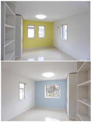 壁一面のクロスを貼り分け、色で遊んだ子供室。
ムーブクロークは、お子様の成長に合わせて、お部屋を自在に仕切る事が出来る優れもの。
広々ワンルームが、完全に２室に仕切れたりと、ライフステージに合わせて多彩に演出できます。