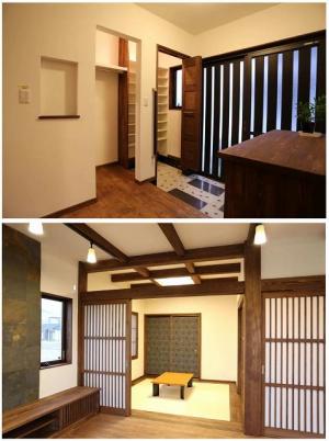 ——おもてなし
タイルと那智石を散りばめ、
白と黒のコントラストが印象的な広い
土間玄関でお客様を優しくお出迎え。
さらに、意匠を凝らした
梁現し仕上げの天井が、
まるで和風旅館のような和室で
訪れた方をおもてなし。