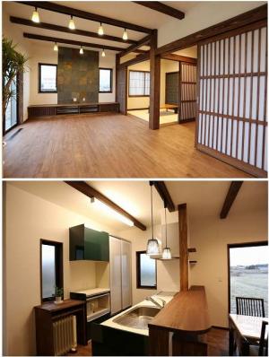 ——LDK
床材は足触りの良い無垢材(ラバーウッド)。
TV後ろには錆石を貼り、
優美で味わい深い
和のリビング空間を演出。
天然塗り壁材は調湿・消臭効果に優れ、
さらにクラックに強く耐水性も高いため
軽い水拭きが可能。
また、家事のしやすい間取りと
便利機能がフル装備のキッチンで
奥様をサポート。