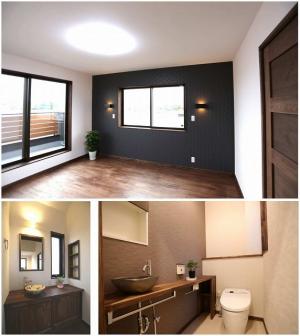 ——アクセントの効いた空間
壁一面のクロスを貼り分け、
アクセントをつけた大人空間な寝室。
施主様お気に入りの手洗い鉢で、
味わい深い洗面台・カウンターが
出来上がりました。