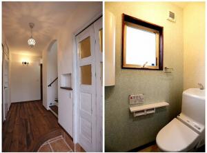 玄関を開けると、
手づくり空間が優しくお出迎え。
トイレもお洒落な壁紙で仕上げ、
素敵な空間に...。
可愛い照明、アーチ型の下がり壁、
小ニッチ、飾りタイル、などなど、
わが家らしさがいっぱいです。