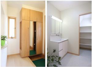 収納力たっぷりの
シューズクローゼットは、
玄関で上着の着脱が出来るよう、
ハンガーパイプ付きに。
鏡を見てお出かけ前の
“身だしなみチェック”もバッチリ。
階段下のスペースを無駄なく利用し、
洗面室に大容量の収納を実現。