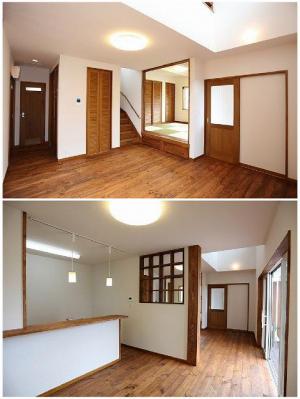 ボルドーパイン無垢フロアー、無垢のドア。体に優しい天然木がたっぷり。
リビングとダイニングを仕切る壁の一部は造作格子棚。視線が抜ける、おしゃれなインテリアアクセント。