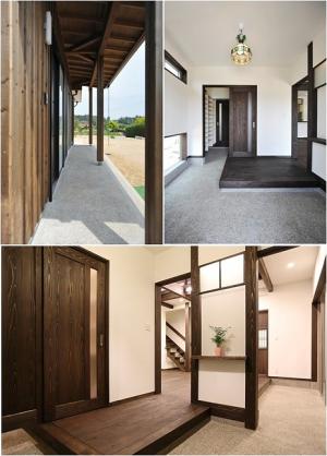 リビングまで続くL字型の通り土間。
伝統的な左官工法の豆砂利洗い出し仕上げ。地窓や飾り棚を設け、飽きのこない空間に。