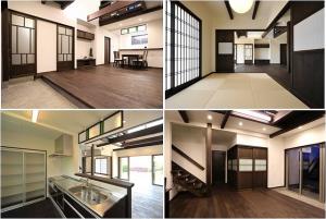 床材は『杉無垢フロアー』。
調湿性･断熱性の高い杉は、柔らかさと温かみのある、肌触りがよい材質。
リビングに隣接している和室は、帯戸で仕切ると趣きある和空間へ早変わり。