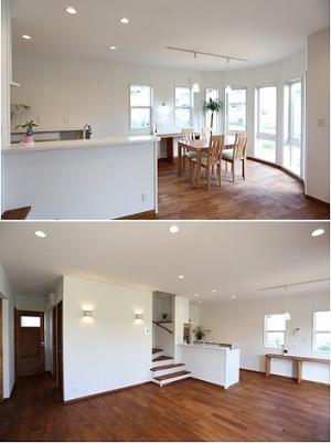 家族が集うダイニング。
多角形の立体的なスペースには、全面に窓を設けて開放感抜群の明るい空間に。
床材はオーク無垢材。