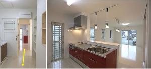 キッチンから洗面室まで直線で繋がる、家事のしやすい動線。
キッチンに直接出入りが出来る勝手口は、たくさんの買い物時に大助かり。