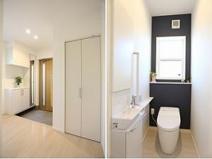 収納たっぷり、玄関ホール。
モダンなトイレ。