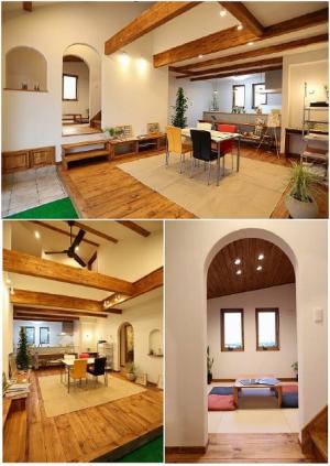 自然素材たっぷり、まるでカフェのようなリビング。
Ｒ壁が柔らかい空気感を作り出します。