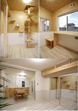 お家のほぼ中心に位置するキャットルーム。キャットタワーを使い、1･2階を行き来する猫ちゃんに釘付けです。爪とぎ防止用にと貼った腰板も、お部屋を素敵に演出。