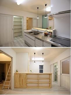 家族の様子が見渡せる対面式キッチン。
ダイニング側には造作棚を付け、飾りつけや収納ができます。
ストックに便利な大容量のパントリーも設けました。