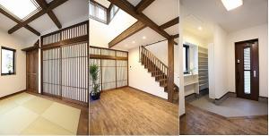 和モダンをイメージし、梁現しの室内は、どこか懐かしく新しい、落ち着き空間になりました。
ゆったりスペースの玄関ホールも、
嬉しいポイントです。