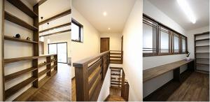 キッチン前の飾り棚や階段周りの手摺りも、それぞれお部屋のアクセントになります。書斎はパパのとっておき空間。