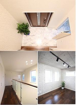 大理石とエコカラットを貼った、高級感溢れる玄関ホール。モダンなスケルトン素材の手すりで開放的な吹抜け。
ご主人の書斎もこだわりました。